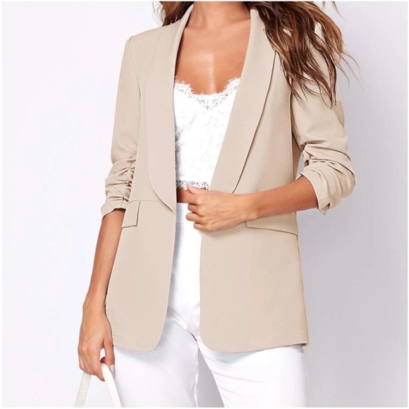 Classic Ruched 1/2 Sleeve Open Front Blazer - Picture 8 of 12